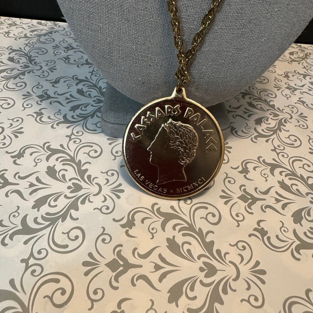 Authentic Vintage Ceasars Palace Las Vegas Gold Coin Necklace Pendant MCMXCI